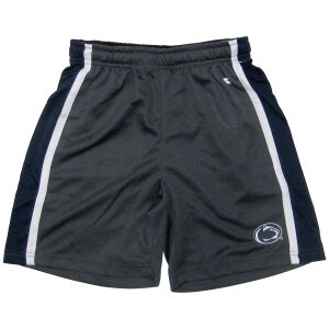 gray youth shorts with navy and white stripes down legs, Penn State Athletic Logo